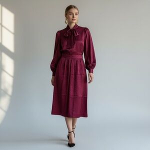 VTG 100% Silk Blouse PTP 21 & XS Skirt Set Plum Jacquard High Neck Puff Sleeve